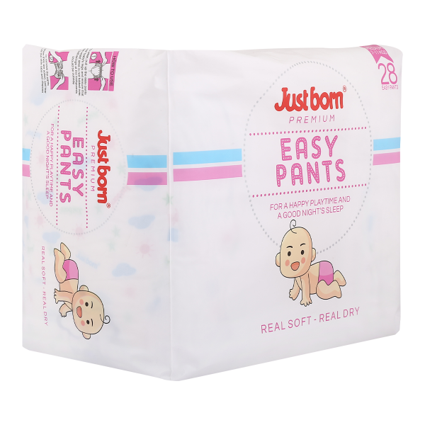 Just Born Premium Baby Easy Pants, Medium Size (28 Pcs) | Diapers for 7-11 Kg Babies | 12-Hour Leak Protection | Anti-Rash, Breathable & Anti-Bacterial | Stretchable Waistband | Ultra-Soft Fabric