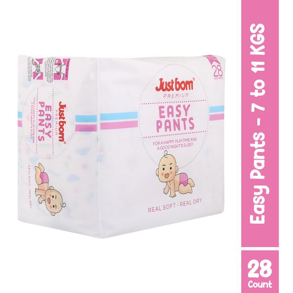 Just Born Premium Baby Easy Pants, Medium Size (28 Pcs) | Diapers for 7-11 Kg Babies | 12-Hour Leak Protection | Anti-Rash, Breathable & Anti-Bacterial | Stretchable Waistband | Ultra-Soft Fabric