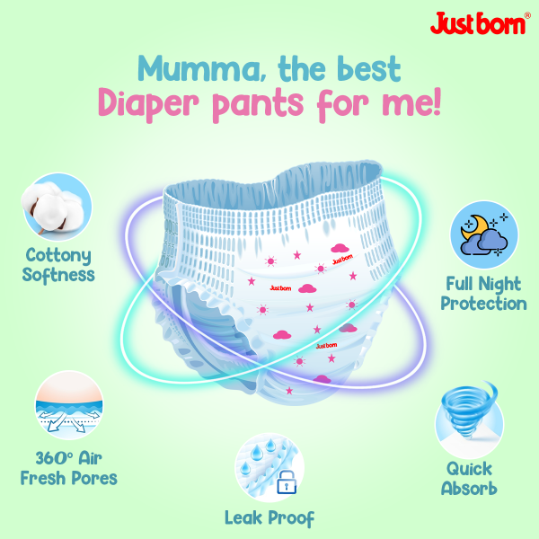 Just Born Premium Baby Easy Pants, Medium Size (28 Pcs) | Diapers for 7-11 Kg Babies | 12-Hour Leak Protection | Anti-Rash, Breathable & Anti-Bacterial | Stretchable Waistband | Ultra-Soft Fabric