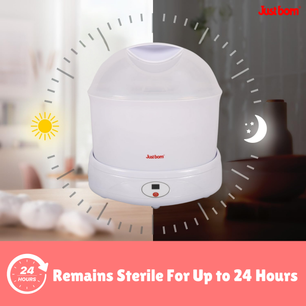 Just Born Electric Steam Sterilizer for Baby Feeding Bottles | Sterilizes 6 Bottles & Accessories in Just 8 Minutes | Kills 99.9% of Germs | Features LCD Timer Display | One-Touch Operation & Auto Shut-Off for Newborn Safety