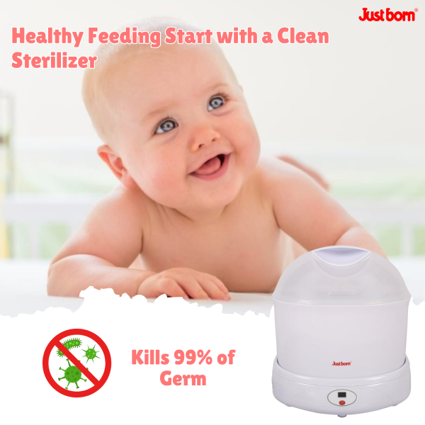 Just Born Electric Steam Sterilizer for Baby Feeding Bottles | Sterilizes 6 Bottles & Accessories in Just 8 Minutes | Kills 99.9% of Germs | Features LCD Timer Display | One-Touch Operation & Auto Shut-Off for Newborn Safety