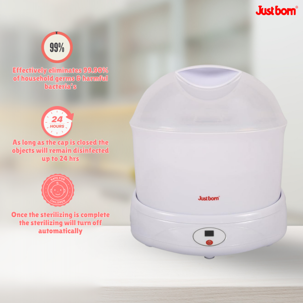 Just Born Electric Steam Sterilizer for Baby Feeding Bottles | Sterilizes 6 Bottles & Accessories in Just 8 Minutes | Kills 99.9% of Germs | Features LCD Timer Display | One-Touch Operation & Auto Shut-Off for Newborn Safety