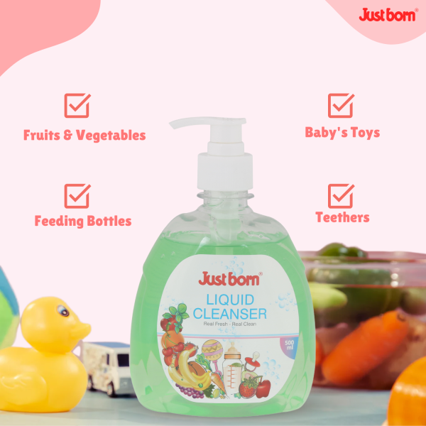 Just Born Baby Liquid Cleanser 500ml | Eliminates 99% of Germs & Bacteria | Effectively Removes Milk Residue, Pesticides, & Wax | Refreshing Citrus Scent | Perfect for Cleaning Bottles, Nipples, Toys, Fruits & Vegetables