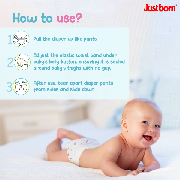 Just Born Premium Baby Easy Pants, Medium Size (28 Pcs) | Diapers for 7-11 Kg Babies | 12-Hour Leak Protection | Anti-Rash, Breathable & Anti-Bacterial | Stretchable Waistband | Ultra-Soft Fabric