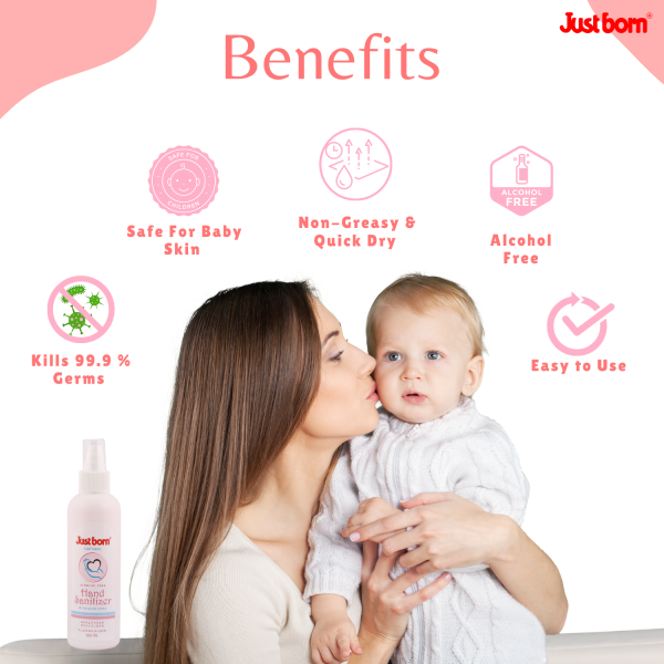 Just Born Baby Hand Sanitizer 100ml | Alcohol-Free Antibacterial Gel | Enriched with Aloe Vera & Vitamin E | Alcohol Free | Kills 99.9% of Germs & Bacteria | Natural, Non-Greasy Formula | On-the-Go Germ Protection for Babies & Kids