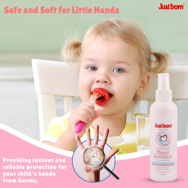 Just Born Baby Hand Sanitizer 100ml | Alcohol-Free Antibacterial Gel | Enriched with Aloe Vera & Vitamin E | Alcohol Free | Kills 99.9% of Germs & Bacteria | Natural, Non-Greasy Formula | On-the-Go Germ Protection for Babies & Kids