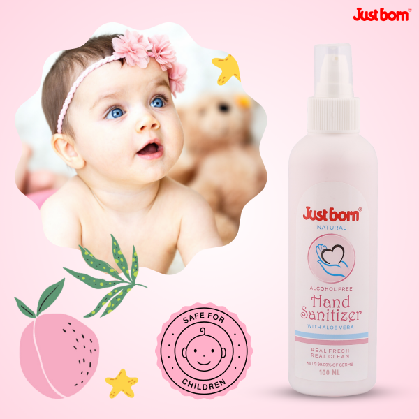 Just Born Baby Hand Sanitizer 100ml | Alcohol-Free Antibacterial Gel | Enriched with Aloe Vera & Vitamin E | Alcohol Free | Kills 99.9% of Germs & Bacteria | Natural, Non-Greasy Formula | On-the-Go Germ Protection for Babies & Kids