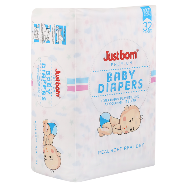 Just Born Premium Diapers for Newborns (32 Count) | Suitable for 3-8Kg Babies | Superior Leak Protection | Anti-Rash, Breathable & Anti-Bacterial | Magic Velcro Tape | Stretchable Waistband | Soft and Comfortable Fabric