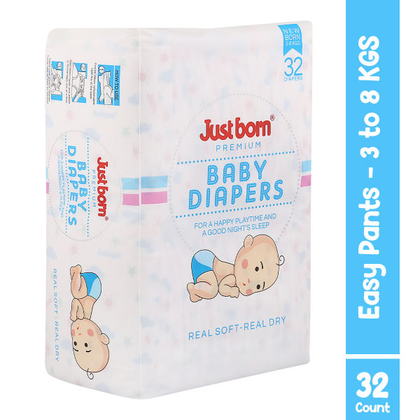 Just Born Premium Diapers for Newborns (32 Count) | Suitable for 3-8Kg Babies | Superior Leak Protection | Anti-Rash, Breathable & Anti-Bacterial | Magic Velcro Tape | Stretchable Waistband | Soft and Comfortable Fabric