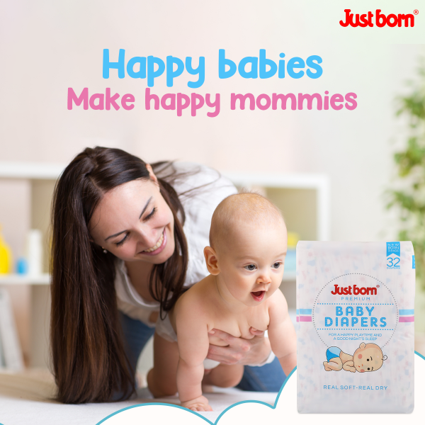 Just Born Premium Diapers for Newborns (32 Count) | Suitable for 3-8Kg Babies | Superior Leak Protection | Anti-Rash, Breathable & Anti-Bacterial | Magic Velcro Tape | Stretchable Waistband | Soft and Comfortable Fabric