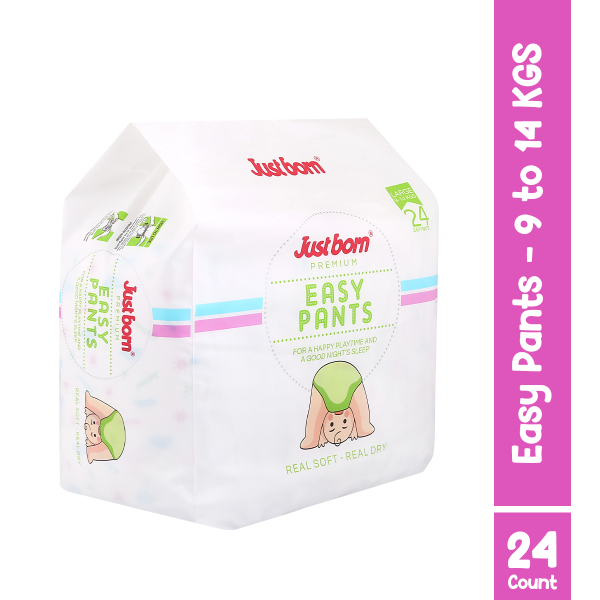 Just Born Premium Baby Easy Pants, Large Size (24 Pcs) | Diapers for 9-14 Kg Babies | 12-Hour Leak Protection | Anti-Rash, Breathable & Anti-Bacterial | Stretchable Waistband | Ultra-Soft Fabric