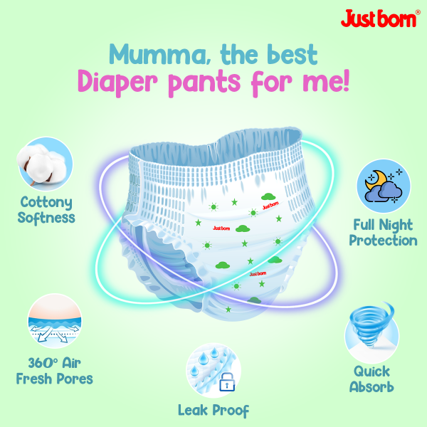 Just Born Premium Baby Easy Pants, Large Size (24 Pcs) | Diapers for 9-14 Kg Babies | 12-Hour Leak Protection | Anti-Rash, Breathable & Anti-Bacterial | Stretchable Waistband | Ultra-Soft Fabric