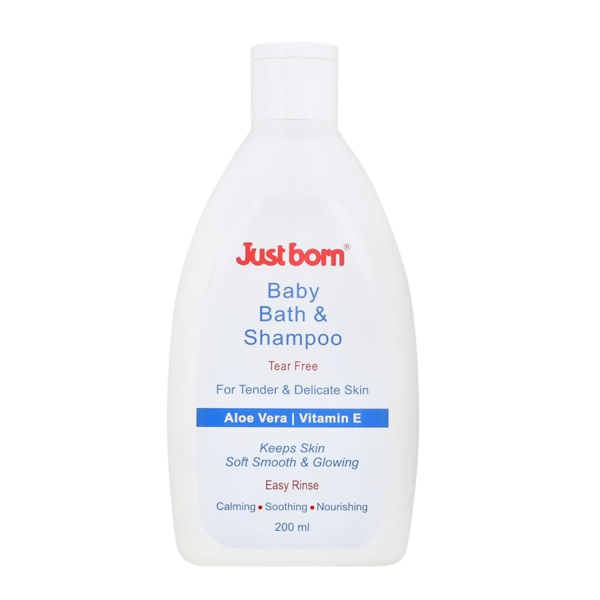 Just Born Baby Bath & Shampoo 200ml | Enriched with Aloe Vera & Vitamin E | Gentle Head-to-Toe Wash for Newborns | Tear-Free, Nourishes & Softens Sensitive Skin & Hair | Ideal for 0-2 Years